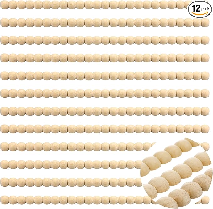 Nuanchu 12 Pcs Decorative Beaded Wood Trim Molding Half Wooden Beads Bobbin Trims 15.75 Inch Unfinished 3D Pearl Paintable Wood Molding for DIY Crafts Home Wall Cabinet Shelf Window Door (16 mm)