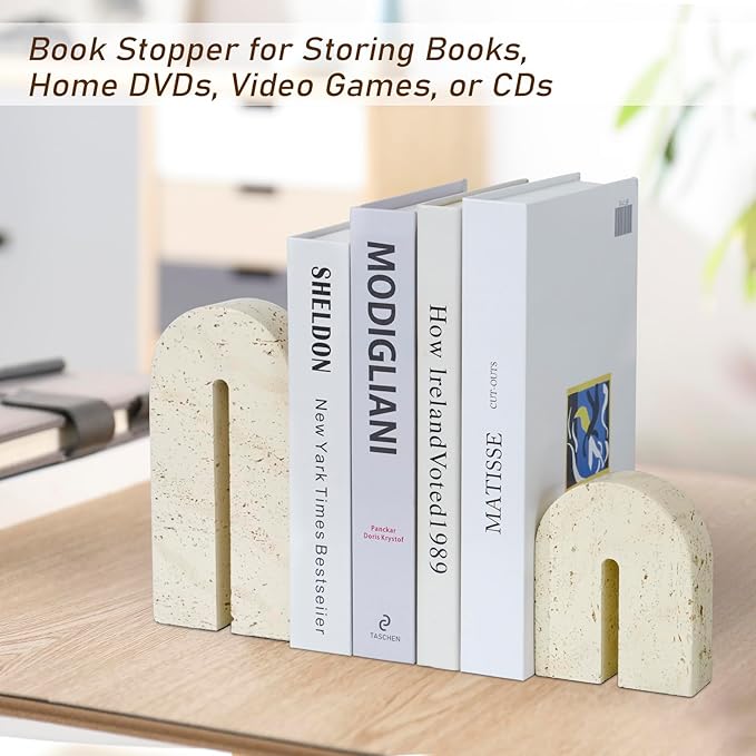 Book Ends for Shelves, Resin Heavy Duty Decorative Bookends, Retro Arch Book Holder for Heavy Books, Imitation Travertine Book Stopper for Home Decor, Study, Bookshelf, Desktop, Set of Two