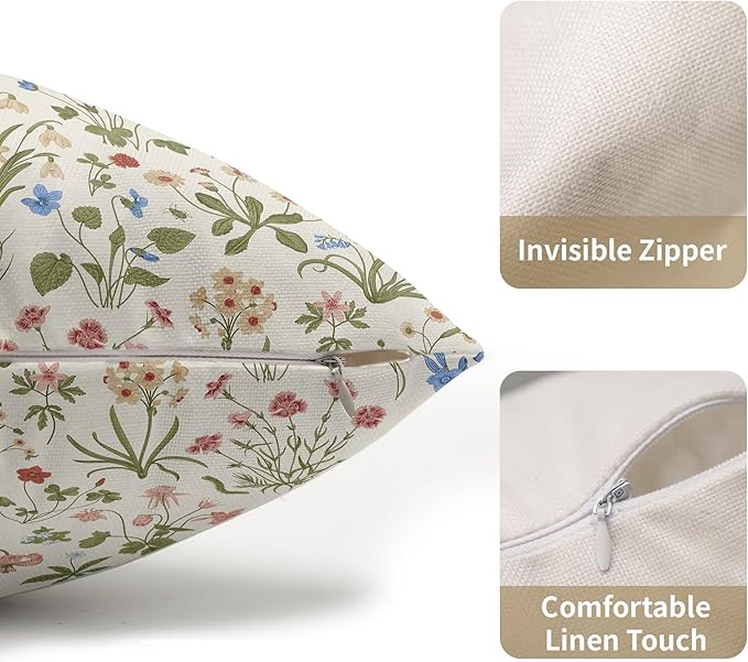 Vitage Floral Lumbar Pillow Covers 12x20 Set of 2 Spring Green Red Cream Pattern Rustic Decorative Outdoor Farmhouse Zipper Flower Pillowcases Decorations Throw Cushion Cover Decor for Couch Sofa Bed