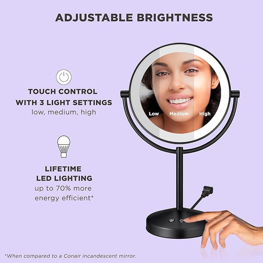 Conair Lighted Makeup Mirror, Double-Sided LED Vanity Mirror with 1X/10X Magnification, 3 Light Settings, 3 Modes, 360° Rotation, Matte Black Finish
