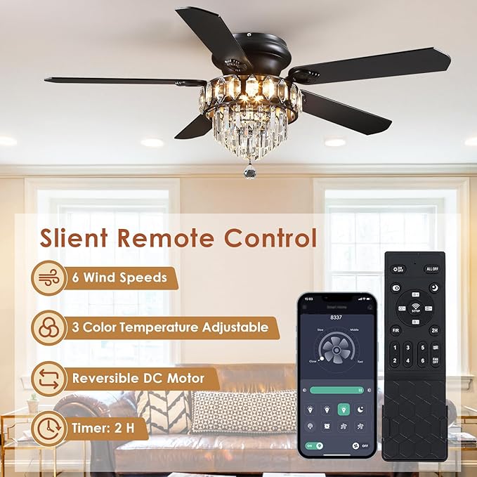 Asyko Crystal Ceiling Fan Fandelier with Lights - 52" Outdoor Fans with Remote Control，Noiseless DC Motor, Retro/Farmhouse Lighting, Dining Room,Living Room