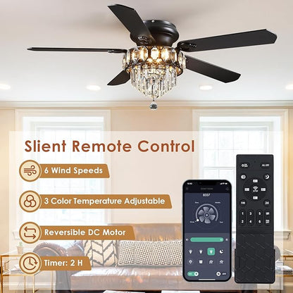 Asyko Crystal Ceiling Fan Fandelier with Lights - 52" Outdoor Fans with Remote Control，Noiseless DC Motor, Retro/Farmhouse Lighting, Dining Room,Living Room