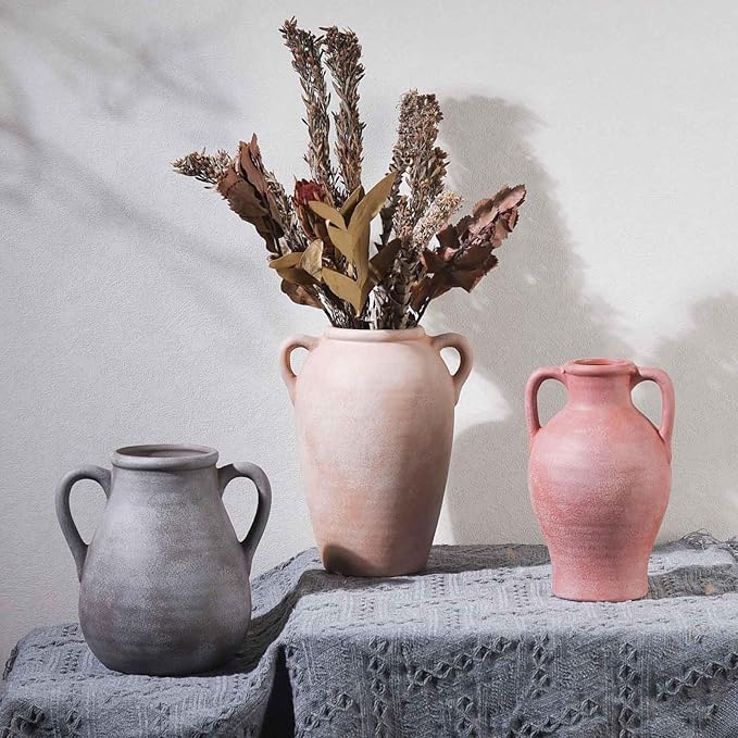Ceramic Flower Vase, 9 inch Rustic Farmhouse Vase for Centerpieces, Handcrafted Weathered Pottery Vases, Small Decorative Terracotta Vases for Home Decor, Living Room, Table, Shelf