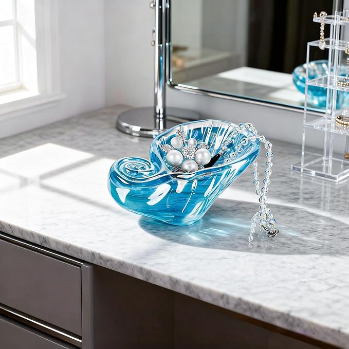 QFkris Glass Conch Shape Jewelry Tray, 5" Blue Shell Trinket Dish Glass Ring Earring Holder Ocean-Themed Decorative Trinket Plate for Rings Earrings Necklaces Jewelry Keys Christmas Gift for Women