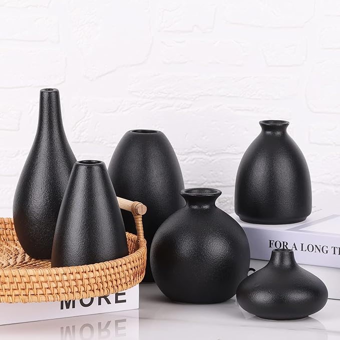 Set of 6 Matte Black Small Vases for Flowers, Ceramic Bud Vase Bulk Boho Centerpieces for Tables, Mini Short Vase Modern Bulk Wedding Centerpieces Ikebana Vases for Bridal Shower/House Warming Gift