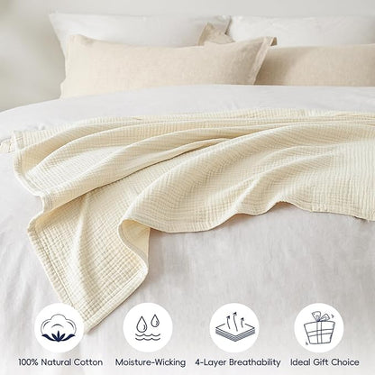 PHF 100% Cotton Muslin Throw Blanket 50" x 60", 4-Layer Lightweight Gauze Throw, Breathable Cloud-Soft Minimalist Blanket for Bed, Couch, Camping & Baby, Birch, Ideal Gift