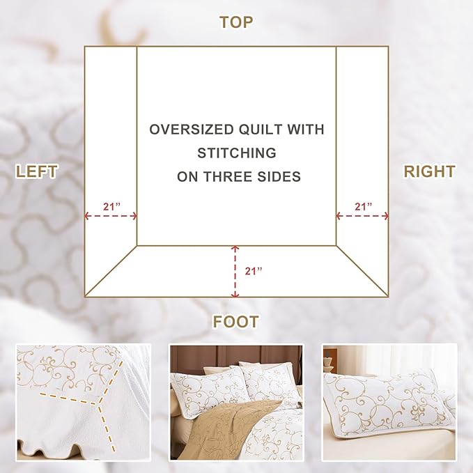Sanracie Oversized King Quilt 128"x120",100% Cotton California King Bedspreads Extra Large Lightweight Embroidery Pattern Bedding Coverlet Set 3Pcs Gold and White Quilted Bedding Set All Season