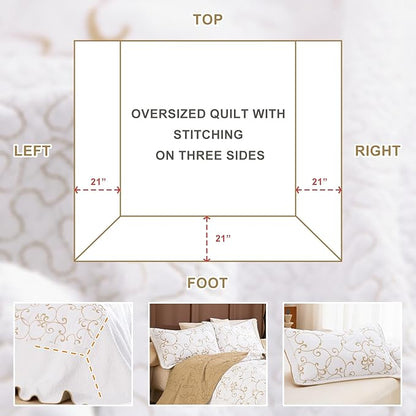 Sanracie Oversized King Quilt 128"x120",100% Cotton California King Bedspreads Extra Large Lightweight Embroidery Pattern Bedding Coverlet Set 3Pcs Gold and White Quilted Bedding Set All Season