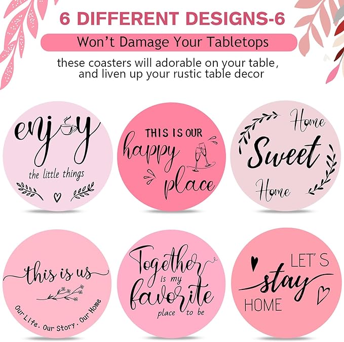 Queekay Coasters Set of 6 House Warming Gifts New Home Wooden Farmhouse Drink Coasters with Holder 4'' Funny Decoration for Kitchen Family Coffee Bar Tabletop Protection(Pink)
