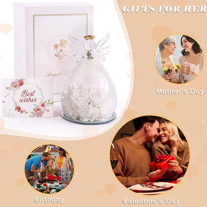 Beferr Valentines Day Rose Gifts for Her Women Mom Gifts for Birthday, Fresh Flowers for Delivery Prime Forever Preserved Rose in Glass Angel Figurine, for Grandma Wife Kids Daughter