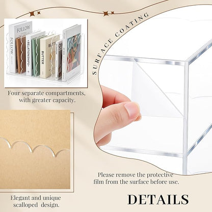 Scalloped Acrylic Magazine Holder with 4 Vertical Compartments 11.22 x 7.28 x 6.5 Inches Clear Acrylic Storage Mail Sorter with Wave Edge Design for Desktop Office Home