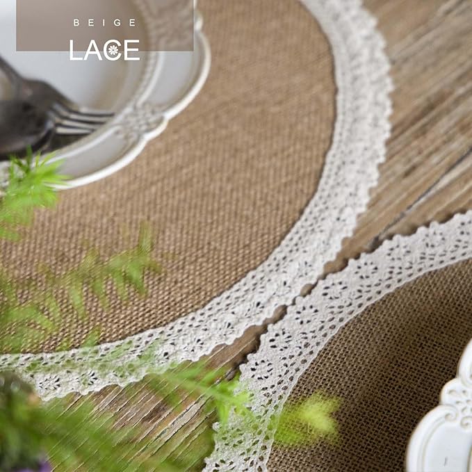 FunWheat Burlap Round Braided Placemats Set of 12 for Dining Tables 15 Inch Heat Resistant Jute Table Mats Farmhouse Woven Fabric Natural Place mats for Fall Decoration(Cotton Lace)