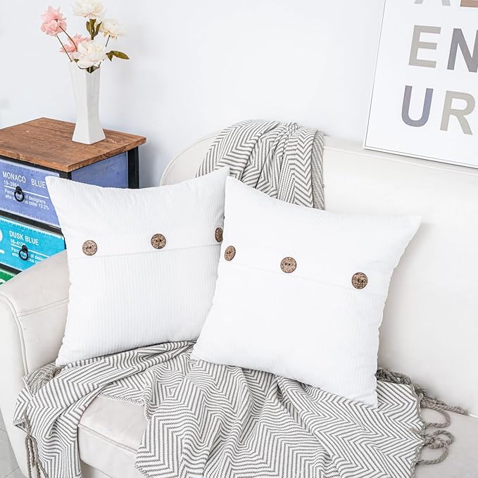 HWY 50 White Chenille Throw Pillow Covers 18x18 Inch with Triple Buttons, Soft Farmhouse Accent Decorative Cushion Cases for Couch Sofa Bed Living Room Bedroom Pack of 2