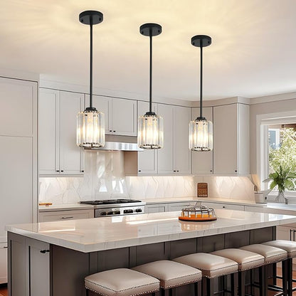 Black Pendant Lights Kitchen Island 3 Pack,Modern Crystal Mini Chandelier Ceiling Hanging Pendant Light Fixtures for Kitchen Hallway Dining Room Bedroom