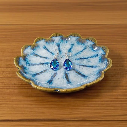 Lotus Ceramic Jewelry Tray, Small Trinket Jewelry Ring Holder Organizing Dish, for Parents Daughter Friends Sister, Birthday Gifts for Women, Retro Blue & Pink
