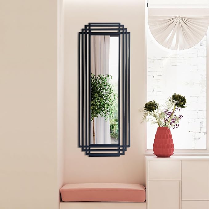 Rectangle Mirror, 42"x16" Geometric Art Mirror wirh Black Metal Frame, Modern Elegant Wall Mirrors for Living Room Bathroom Bedroom Entryway Hallway, Hangs Vertically or Horizontally