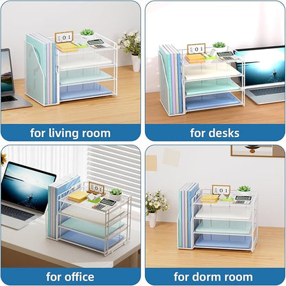 Marbrasse Desk Organizer and Accessories，4-Tier Paper Letter Tray Organizer with File Holder，Desk Accessories & Workspace Desktop Organizers for School Home Office Supplies (White)