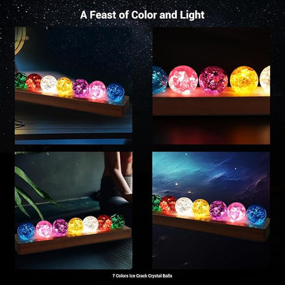 LOSCHEN 7 Colors Ice Cracked Balls, Core Memories Crystal Balls with LED Sapele Wood Base, Natural Healing Spheres Set for Home Living Room Meditation Positive Energy Decoration Balls