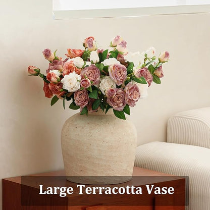Large Ceramic Vase, 11" Rustic Farmhouse Terracotta Vase for Home Decor, Handicraft Decorative Flower Vase for Living Room, Table Centerpiece, Bedroom (Rustic Beige)