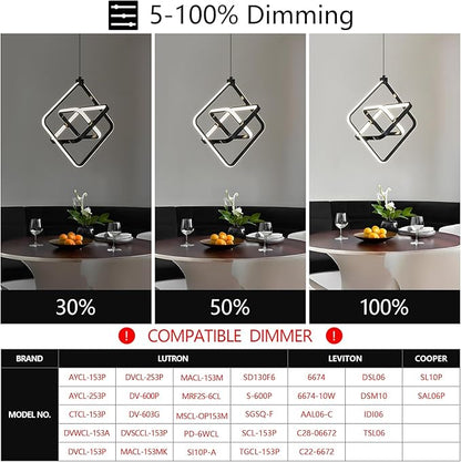 Modern LED Pendant Light Black Pendant Lights 4000K 35W Dimmable External Glow Height Adjustable Pendant Lighting Rectangle Chandelier for Kitchen Island Dining Room Bedroom Foyer（3-Ring）