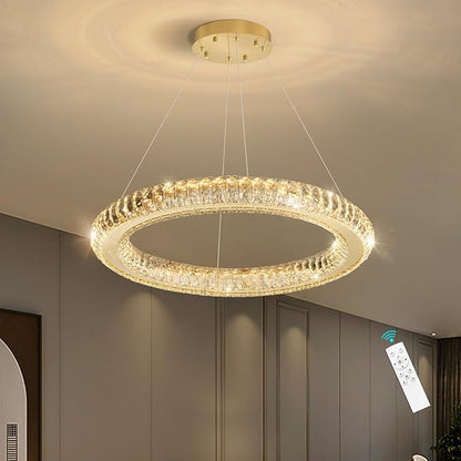 Crystal Ring Chandelier Gold Modern LED Pendant Lights for Dining Room Remote Dimmable Hanging Light Kitchen Island Entrance Bedroom Lighting Chandeliers