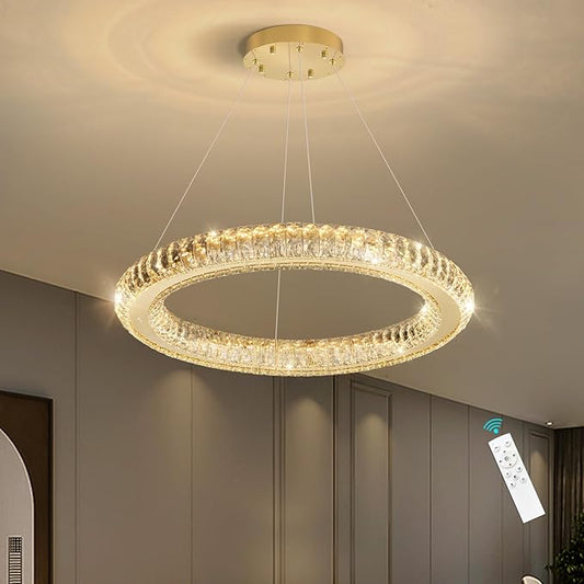Crystal Ring Chandelier Gold Modern LED Pendant Lights for Dining Room Remote Dimmable Hanging Light Kitchen Island Entrance Bedroom Lighting Chandeliers
