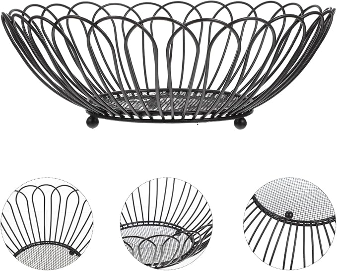 Angoily Fruit Basket, 11.59 Inches Wire Bread Basket for Kitchen Counter, Black Round Fruit Bowl for Lemon, Banana, Candy, Snack in Office
