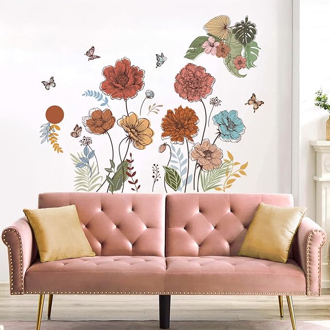 Large Boho Flower Wall Decals Floral Leaves Grass Butterfly Wall Stickers Removable Wall Art Decor for Living Room Bedroom