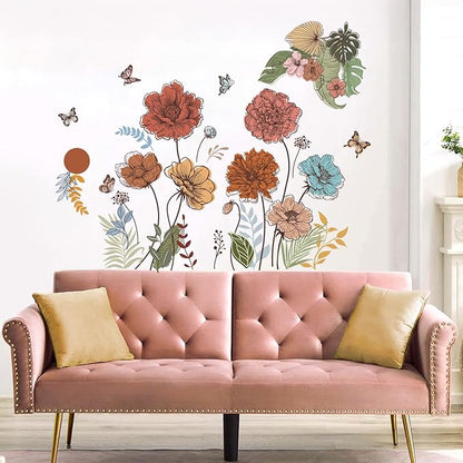 Large Boho Flower Wall Decals Floral Leaves Grass Butterfly Wall Stickers Removable Wall Art Decor for Living Room Bedroom