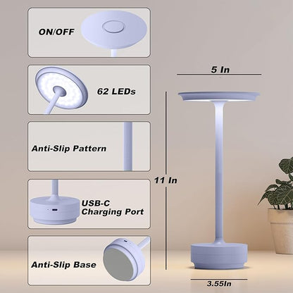 1 Pack Rechargeable Table Lamps Cordless, Portable 5000mAh Outdoor Table Light, 3 Color Stepless Dimming LED Table Lamp with Memory Function, for Home/Dinner/Patio/Restaurant.(Light Purple)