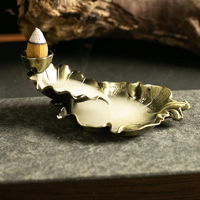 Waterfall Incense Cone Holder Lotus and Frog Bronze Backflow Insense Burner Metal Incense Holder Aromatherapy Ornament Home Decoration
