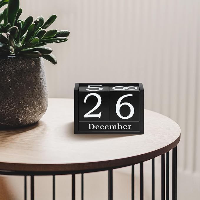 Wooden Block Calendar for Desk, Large Size Daily Desktop Perpetual Desk Calendar, Cute Date Display Desk Accessories for Home Office Decor, Teacher, Classroom, Reusable Yearly, Black