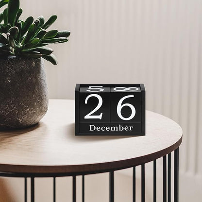 Wooden Block Calendar for Desk, Large Size Daily Desktop Perpetual Desk Calendar, Cute Date Display Desk Accessories for Home Office Decor, Teacher, Classroom, Reusable Yearly, Black