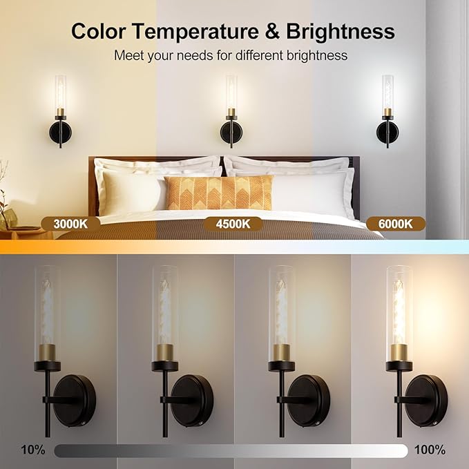 Wall Sconces,Battery Operated Wall Sconce 8000mAh Black Fast Chargin Endurance 100 Hours Infinitely Dimmable 2 Color Temperature Bulbs with Remote Control Wireless Wall Lights for Bedroom Living