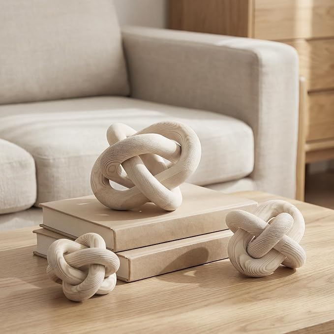 3 Pack Wooden Knot Decorations 3 Color Set Coordinated Boho Nautical Home Decor for Shelf, Wall, Tabletop, Sizes 3.94", 4.72", 5.91" (Nature)