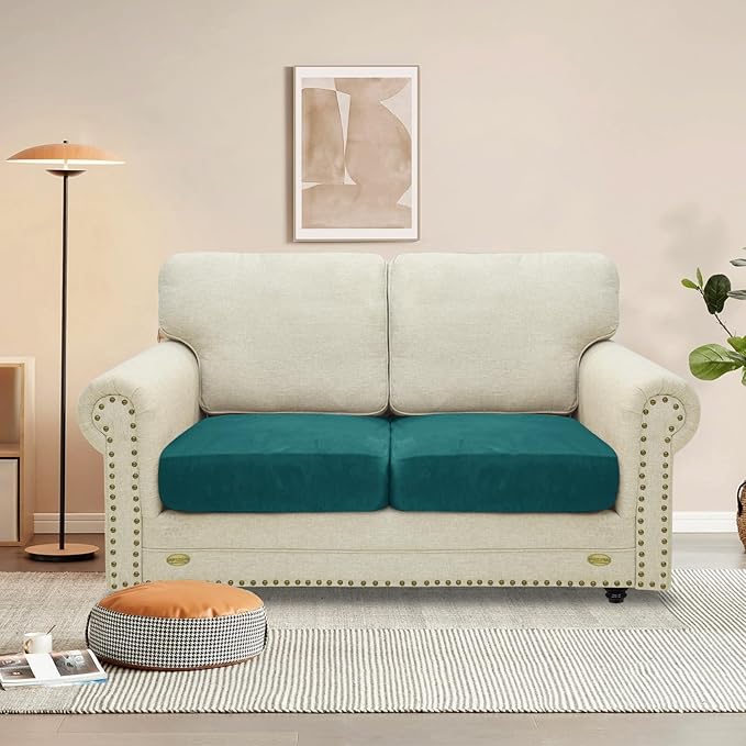MAXIJIN Velvet Stretch Seat Cushion Covers Couch Cushion Cover for Individual Cushions Sofa Seat Cushion Slipcover with Elastic Bottom (2 Piece Sofa Cushion Covers, Blackish Green)