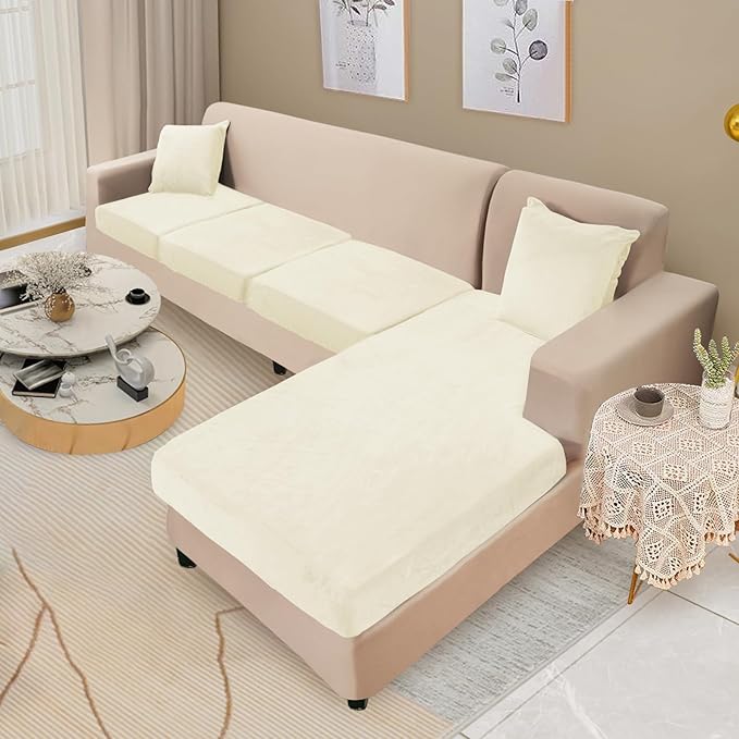 NAISI Sectional Couch Cover 4 Pieces Velvet Separate Couch Cushion Covers L Shape Soft Stretch Sofa Slipcovers with 2pcs Pillowcases for Left/Right Chaise Sectional Couch(3 Seater+1 Chaise,Cream)