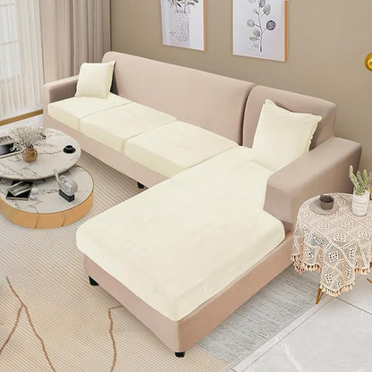 NAISI Sectional Couch Cover 4 Pieces Velvet Separate Couch Cushion Covers L Shape Soft Stretch Sofa Slipcovers with 2pcs Pillowcases for Left/Right Chaise Sectional Couch(3 Seater+1 Chaise,Cream)