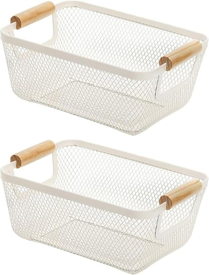 2Pack Metal Mesh Steel Basket, Small Wire Storage Organizer Basket Multi-function Hanging Kitchen Basket Fruit Basket with Wood Handle for Kitchen Picnic Cabinet Home Decor, Rectangle-Off White