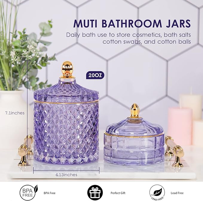Candy Dish Glass Cookie Jar with Lid Candy Bowl for Office Desk Decor, Apothecary Jars Purple Bathroom Accessories Cute Room Decor Aesthetic, Q Tip Holder Decorative Glass Jewelry Box (20oz)