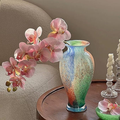Hand Blown Glass Vase, 11.4" Tall, Murano-Style Art, Multicolor, Abstract, Oblong Shape, Perfect for Living Room, Bathroom, Wedding, Graduation, Mother's Day, Women