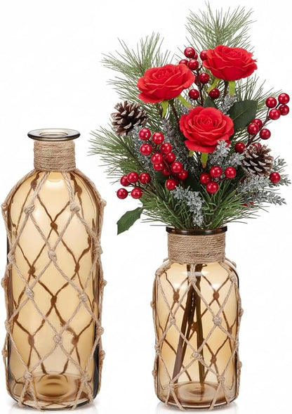Chuangdi Set of 2 Coastal Glass Vases Christmas Vases for Flowers with Boho Rope Christmas Centerpieces for Tables Small Beach Bottle for Nautical Wedding Floral Arrangement Decorations(Light Brown)