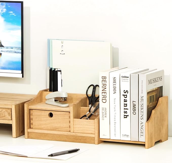 KIRIGEN Desktop Adjustable Organizer Storage Book Shelf with Drawer Wooden Desk Bookcase Workplace Storage Station Expandable Book Rack Fully Assembled SSSJ-S-NA