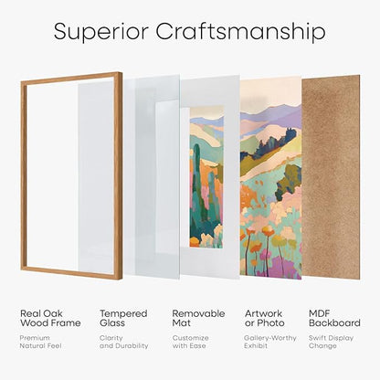 Homeforia 16x16 Picture Wood Frame, High End Natural Oak 16 x 16 Square Light Wooden Frames with Mat 12 by 12 inch Photo, 16by16 Poster Frames Matted to 12x12 Print, Tempered Glass, Wall Kit, Set of 1