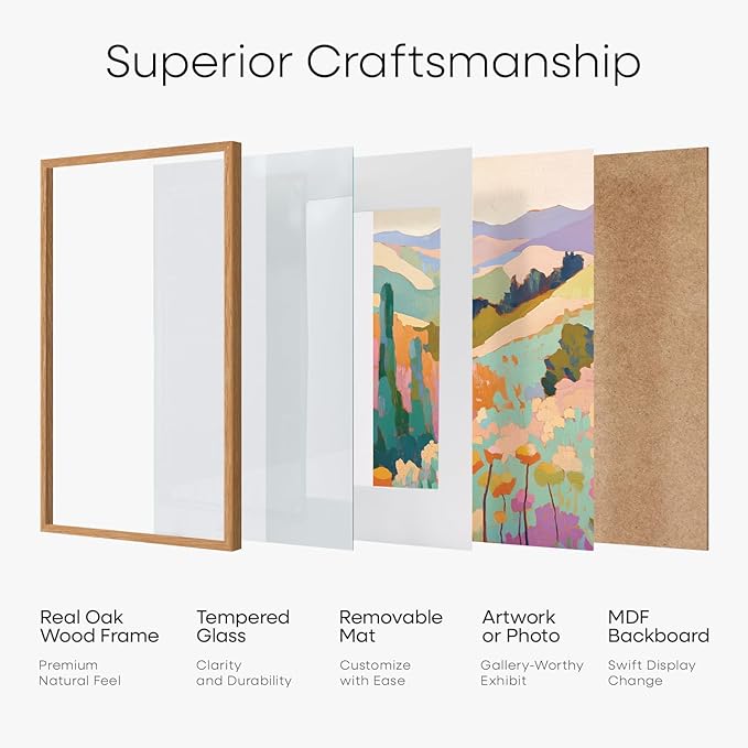 Homeforia 12x24 Wood Frame, High End Natural Oak 12x24 Light Wooden Picture Frame with Mat 8x20, 12 x 24 Poster Frames Matted to 8 by 20 Photo, 24x12 Hanging Frames, Tempered Glass, Wall Kit, Set of 1