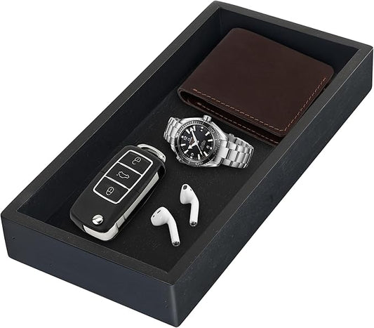 Demigo Acacia Valet Tray, 12.2 x 6 in Men and Women Wooden Catch All Tray for Entryway Table, Bedside Nightstand Organizer, Home Office, Tabletop Storage Vanity for Wallet, Jewelry, Perfume (Black)