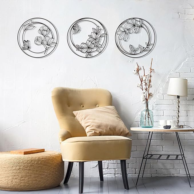 Pinetree Art 3 Pieces Metal Flowers Wall Decor, Modern Black Circle Floral Wall Art, Rustic Farmhouse Butterfly and Flower Wall Decor for Bathroom Kitchen Living Room Garden Office (black)