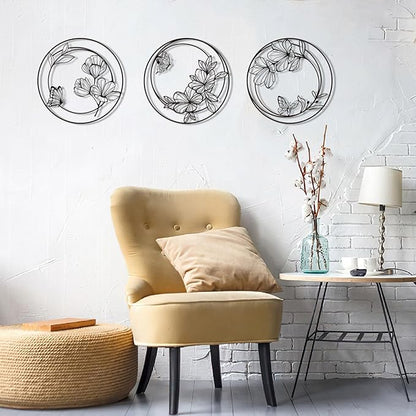 Pinetree Art 3 Pieces Metal Flowers Wall Decor, Modern Black Circle Floral Wall Art, Rustic Farmhouse Butterfly and Flower Wall Decor for Bathroom Kitchen Living Room Garden Office (black)