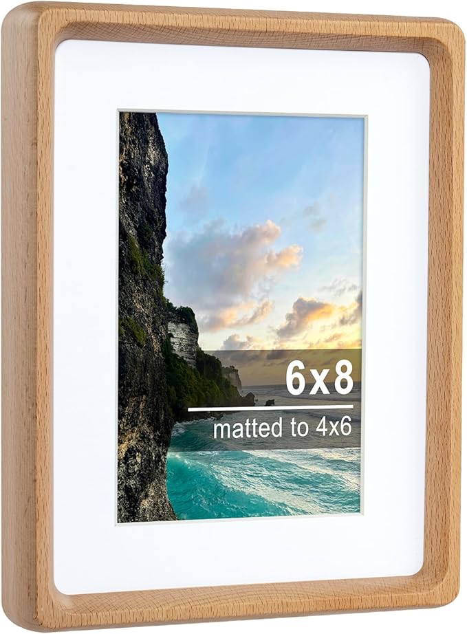 TEYCLZORE 6x8 Natural Wood Picture Frame, Handmade Beech Wood Photo Frame, Display 4x6 Picture with Mat or 6x8 Without Mat, Tabletop Display and Wall Hanging