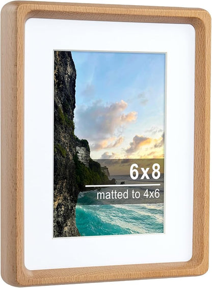 TEYCLZORE 6x8 Natural Wood Picture Frame, Handmade Beech Wood Photo Frame, Display 4x6 Picture with Mat or 6x8 Without Mat, Tabletop Display and Wall Hanging